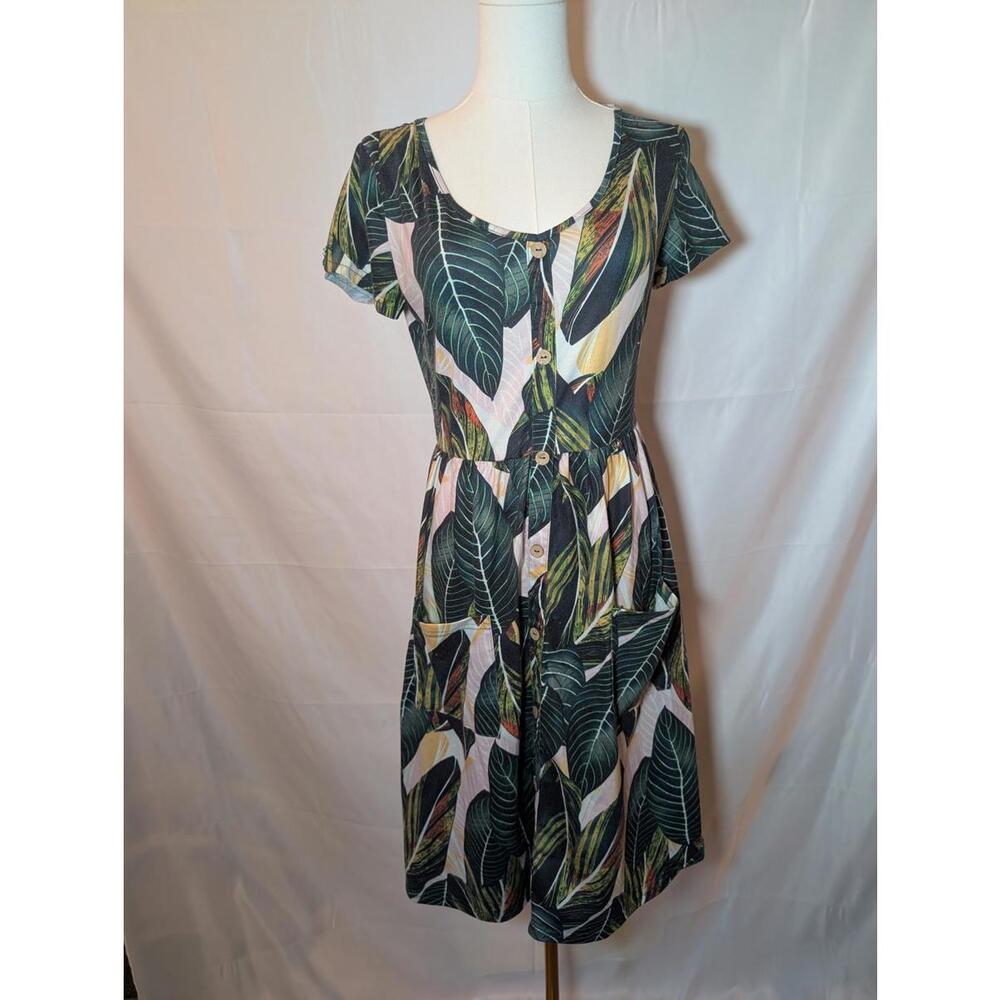 Ouges Accent Button-Front Midi Dress with Leaf Print Women's Size Small *flaw